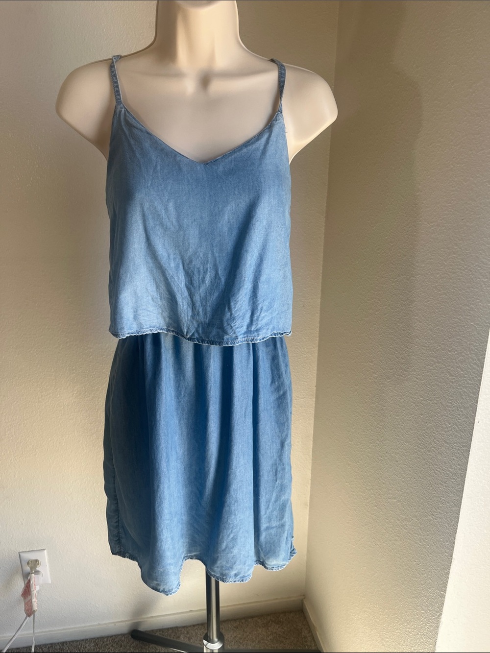 Charming Charlie Light Blue Denim-Look Spaghetti Strap Mini Dress